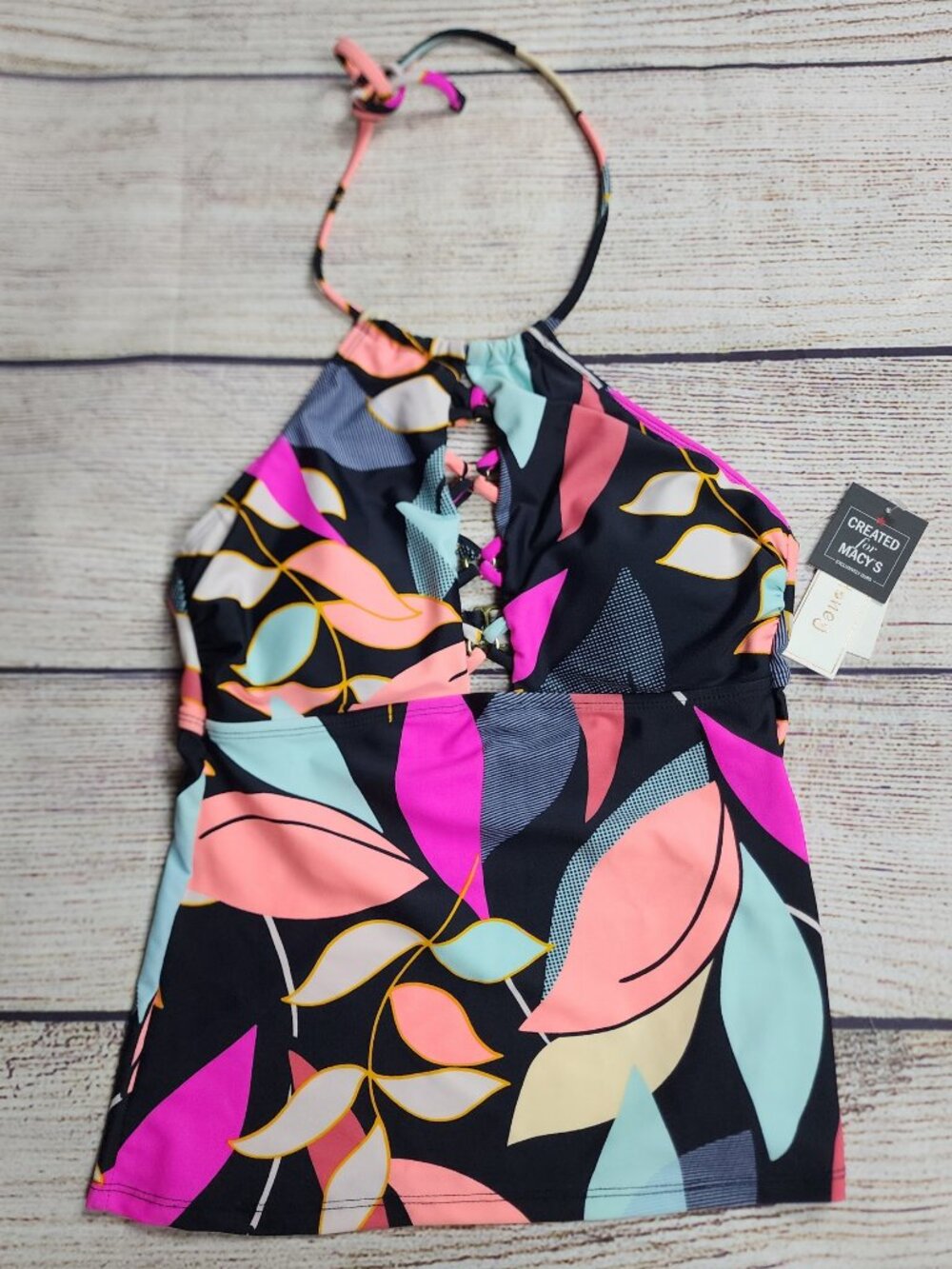 Hula Honey Juniors Tankini Halter Medium Black Pink Blue Tropical Leaf Bold Swim